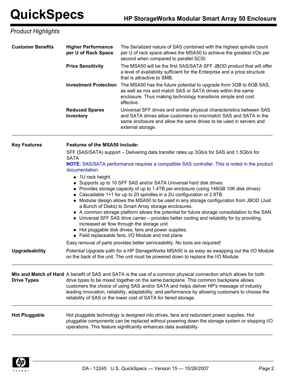 Product highlights, Quickspecs | HP STORAGEWORKS MSA50 User Manual | Page 2 / 10