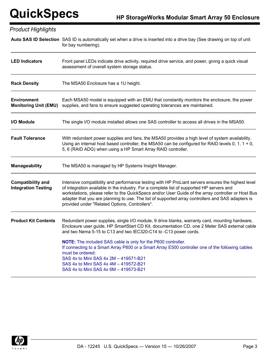 Quickspecs | HP STORAGEWORKS MSA50 User Manual | Page 3 / 10