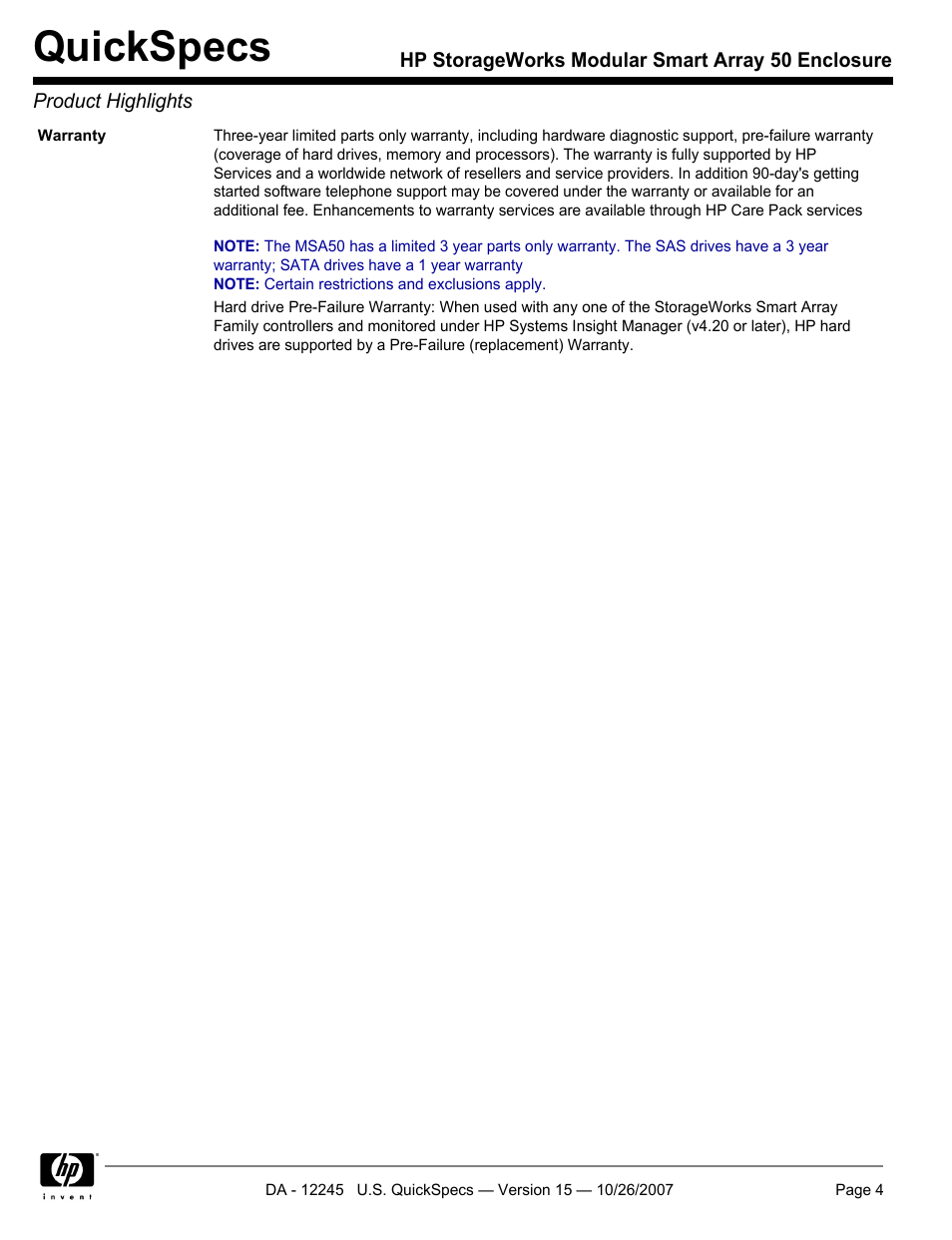 Quickspecs | HP STORAGEWORKS MSA50 User Manual | Page 4 / 10