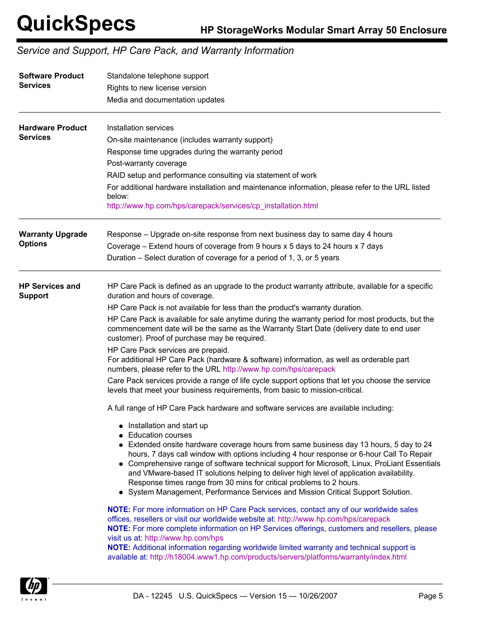 Quickspecs | HP STORAGEWORKS MSA50 User Manual | Page 5 / 10