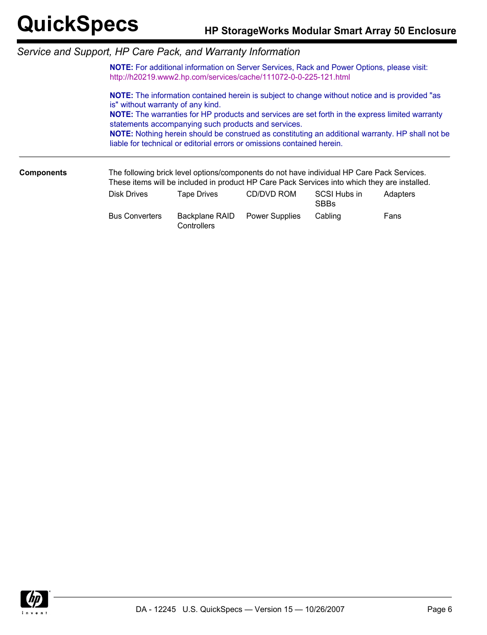 Quickspecs | HP STORAGEWORKS MSA50 User Manual | Page 6 / 10