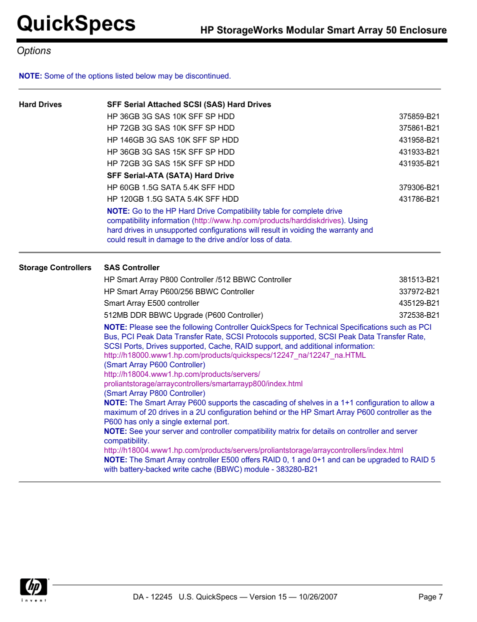 Options, Quickspecs | HP STORAGEWORKS MSA50 User Manual | Page 7 / 10