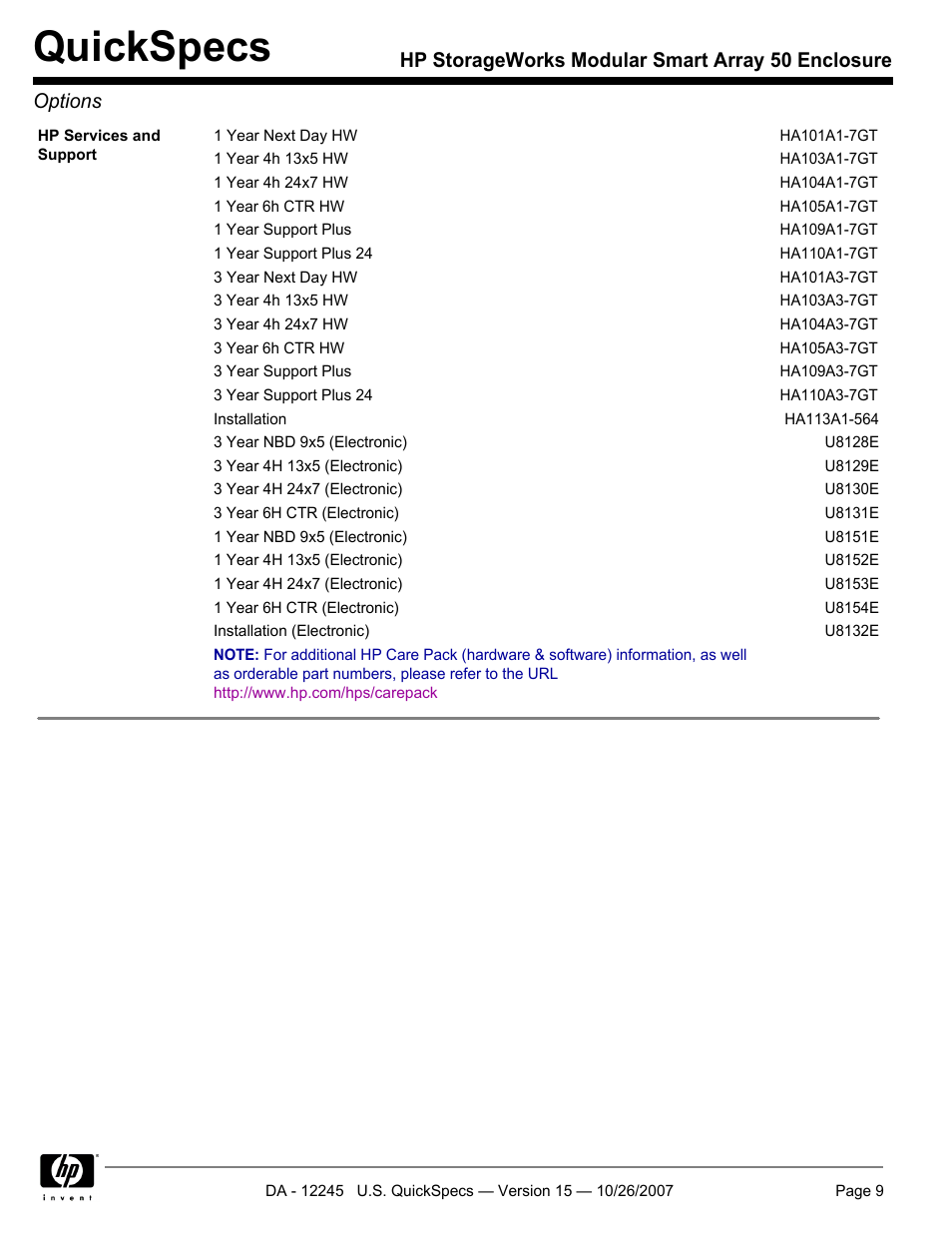 Quickspecs | HP STORAGEWORKS MSA50 User Manual | Page 9 / 10
