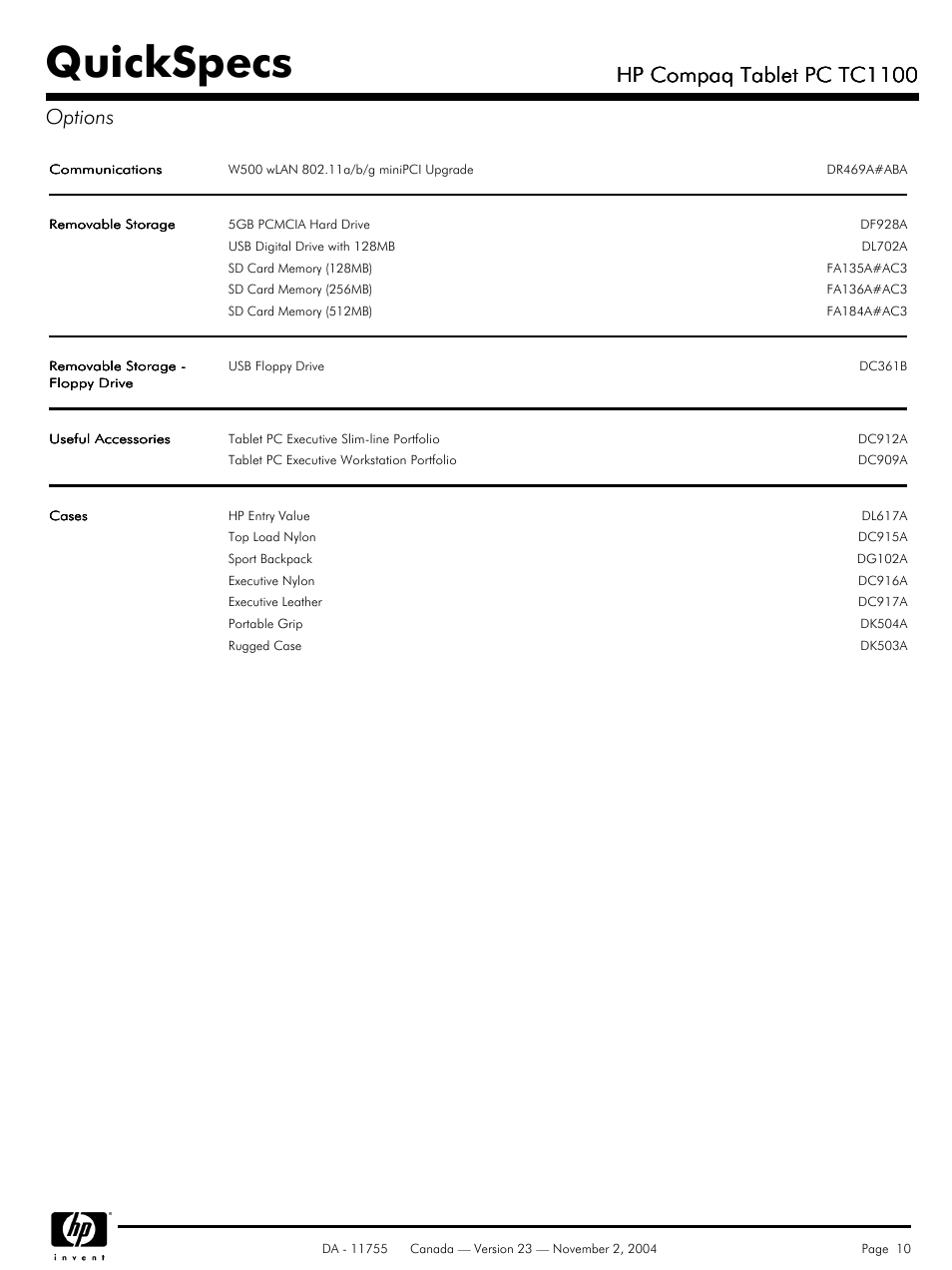 Quickspecs, Hp compaq tablet pc tc1100, Hp compaq tablet pc tc1100 options | HP Compaq Tablet PC TC1100HP User Manual | Page 10 / 22