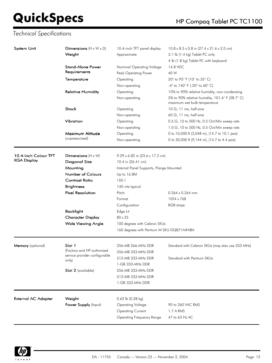 Technical specifications, Quickspecs, Hp compaq tablet pc tc1100 | HP Compaq Tablet PC TC1100HP User Manual | Page 12 / 22