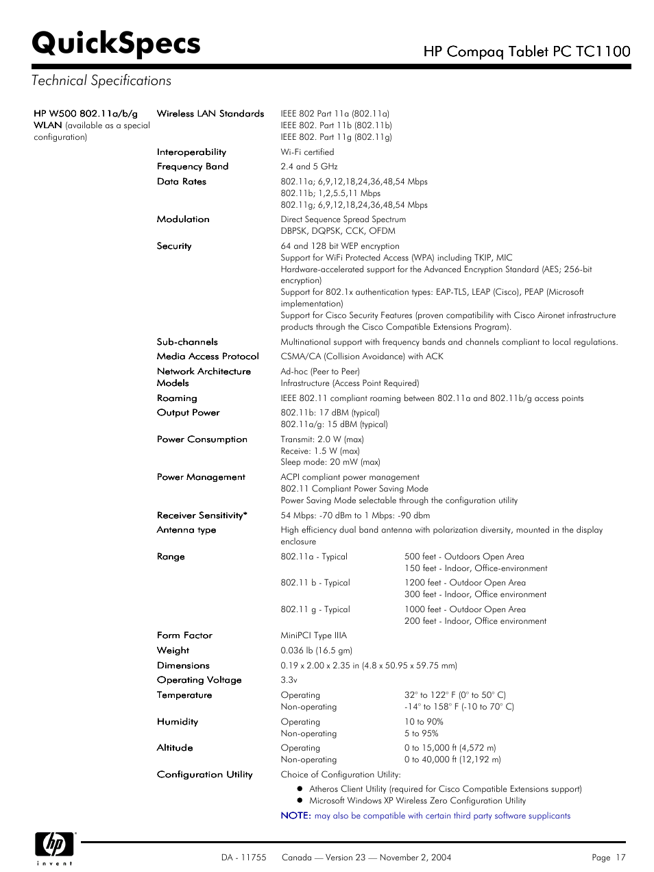 Quickspecs, Hp compaq tablet pc tc1100 | HP Compaq Tablet PC TC1100HP User Manual | Page 17 / 22