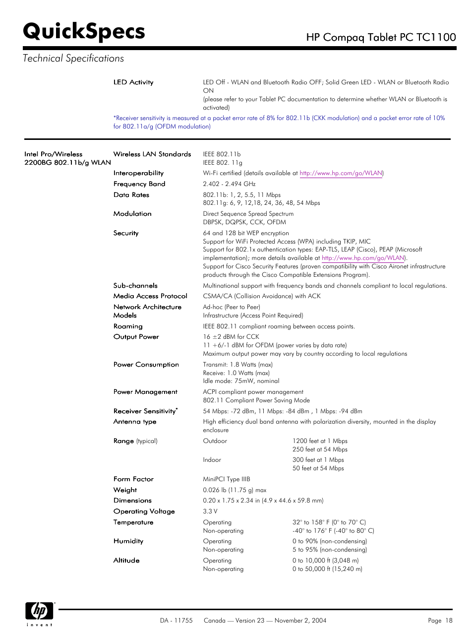 Quickspecs, Hp compaq tablet pc tc1100 | HP Compaq Tablet PC TC1100HP User Manual | Page 18 / 22