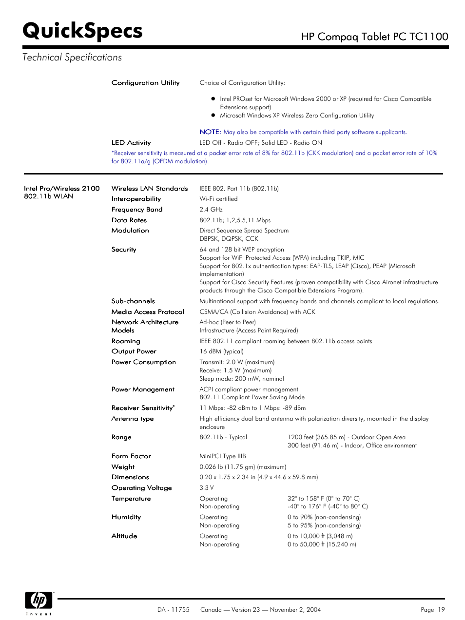 Quickspecs, Hp compaq tablet pc tc1100 | HP Compaq Tablet PC TC1100HP User Manual | Page 19 / 22