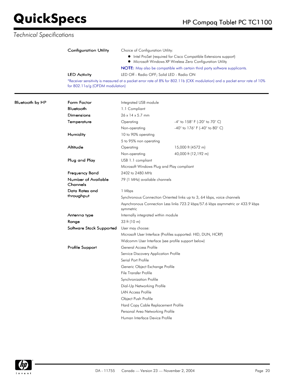 Quickspecs, Hp compaq tablet pc tc1100 | HP Compaq Tablet PC TC1100HP User Manual | Page 20 / 22