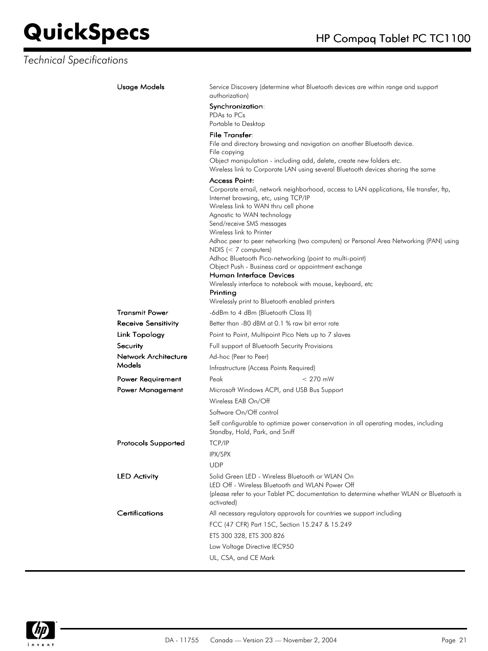 Quickspecs, Hp compaq tablet pc tc1100 | HP Compaq Tablet PC TC1100HP User Manual | Page 21 / 22