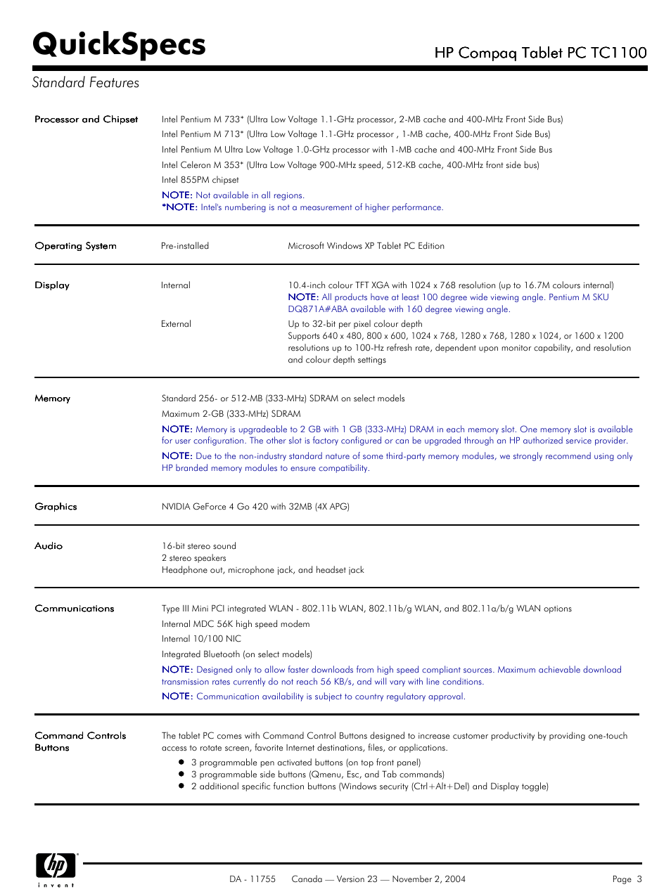 Standard features, Quickspecs, Hp compaq tablet pc tc1100 | Hp compaq tablet pc tc1100 standard features | HP Compaq Tablet PC TC1100HP User Manual | Page 3 / 22