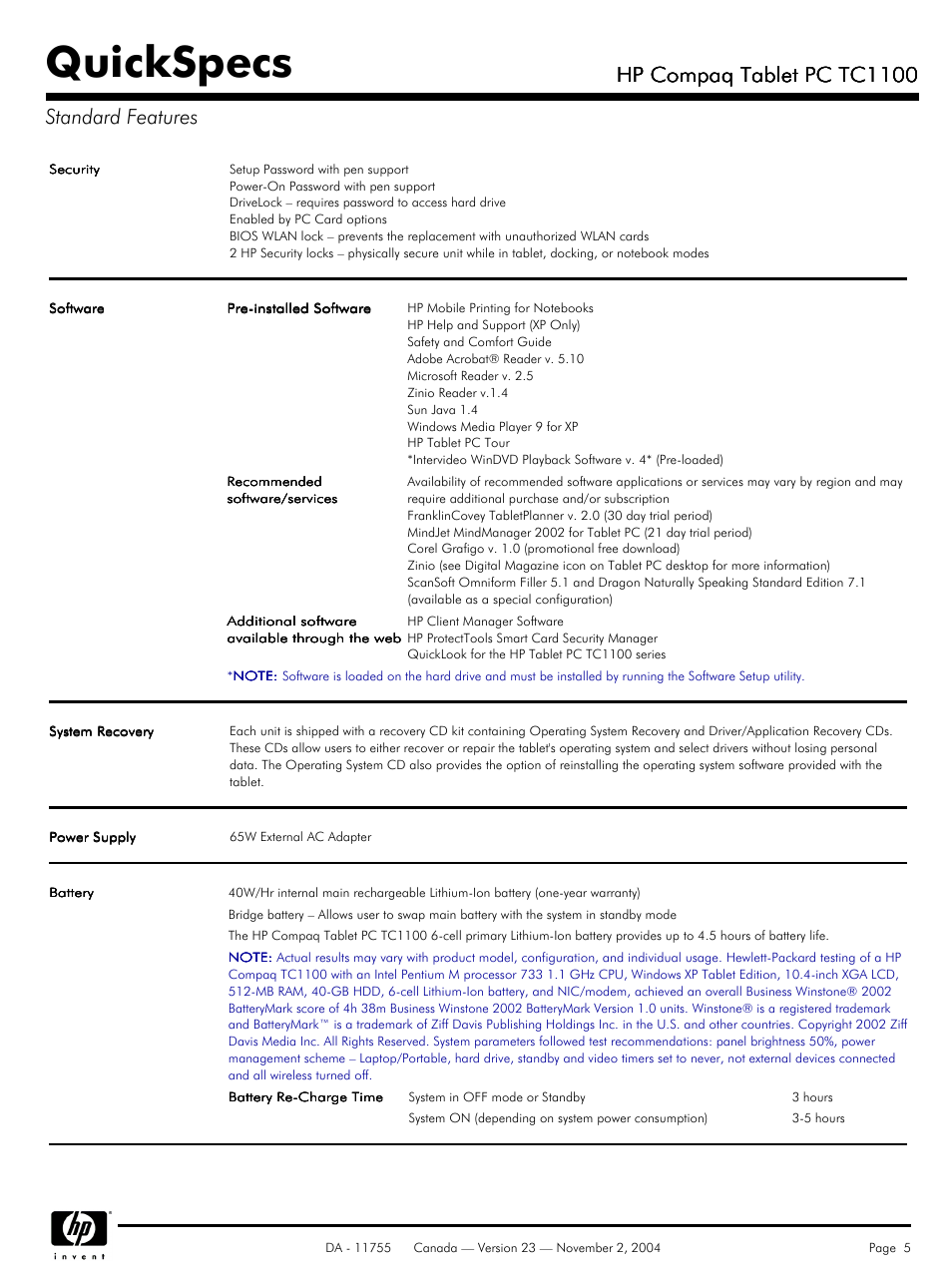 Quickspecs, Hp compaq tablet pc tc1100, Hp compaq tablet pc tc1100 standard features | HP Compaq Tablet PC TC1100HP User Manual | Page 5 / 22