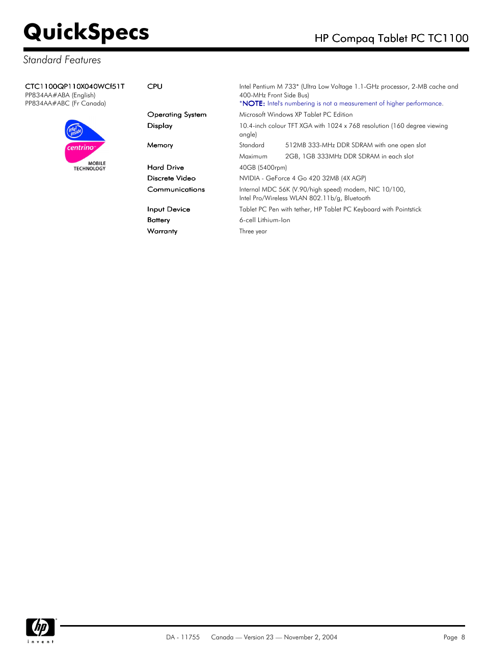 Quickspecs, Hp compaq tablet pc tc1100, Hp compaq tablet pc tc1100 standard features | HP Compaq Tablet PC TC1100HP User Manual | Page 8 / 22