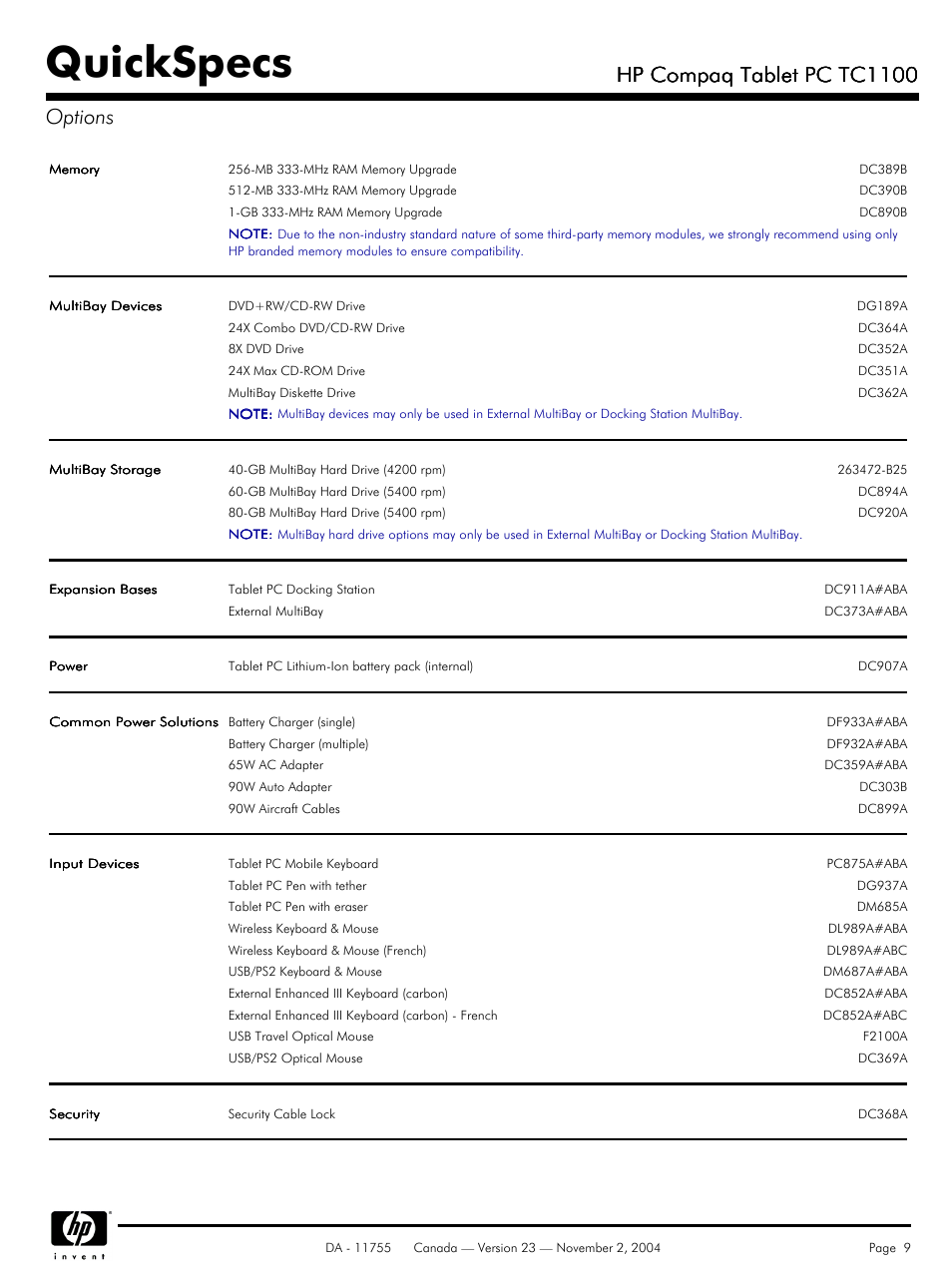 Options, Quickspecs, Hp compaq tablet pc tc1100 | Hp compaq tablet pc tc1100 options | HP Compaq Tablet PC TC1100HP User Manual | Page 9 / 22