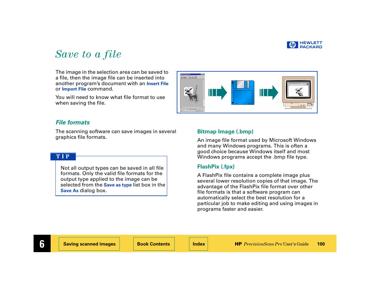 Save to a file, File formats, Save to a file 100 | HP 6200C User Manual | Page 100 / 110