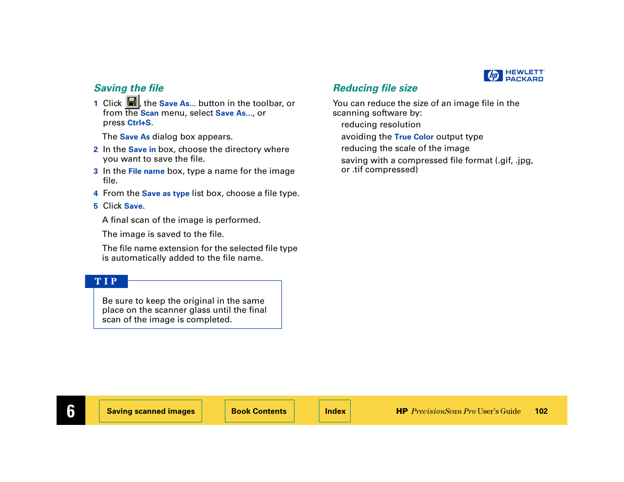 Saving the file, Reducing file size | HP 6200C User Manual | Page 102 / 110