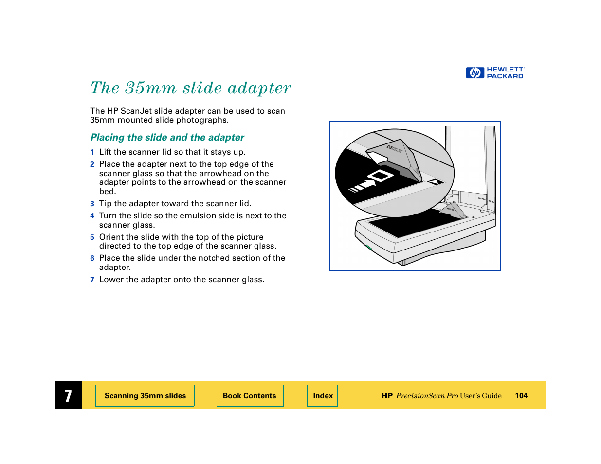 The 35mm slide adapter, Placing the slide and the adapter, The 35mm slide adapter 104 | HP 6200C User Manual | Page 104 / 110