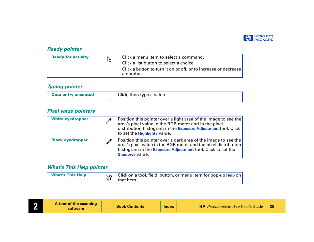 Ready pointer, Typing pointer, Pixel value pointers | What’s this help pointer | HP 6200C User Manual | Page 25 / 110