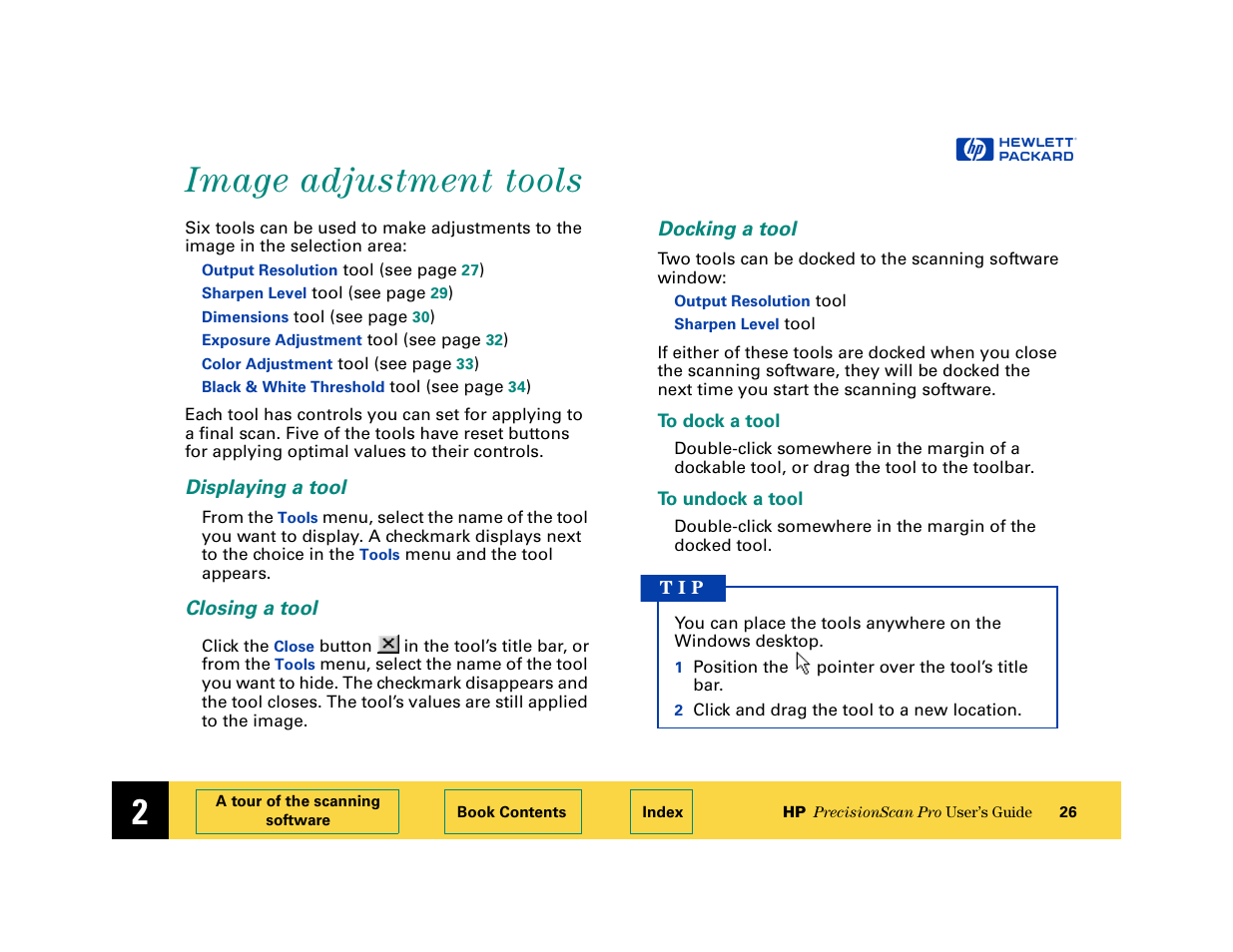 Image adjustment tools, Displaying a tool, Closing a tool | Docking a tool, Image adjustment tools 26 | HP 6200C User Manual | Page 26 / 110