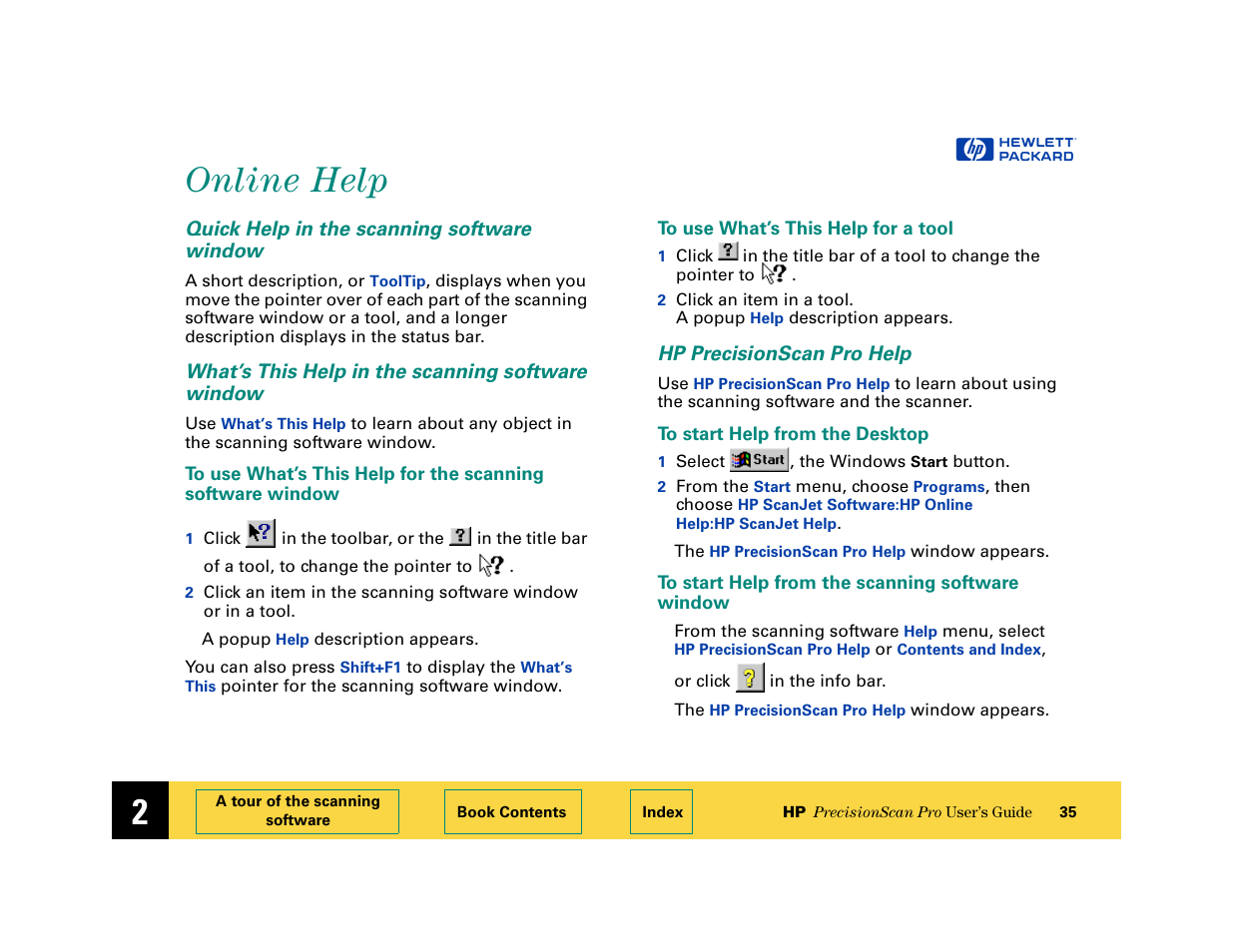 Online help, Quick help in the scanning software window, What’s this help in the scanning software window | Hpprecisionscanpro help, Online help 35 | HP 6200C User Manual | Page 35 / 110