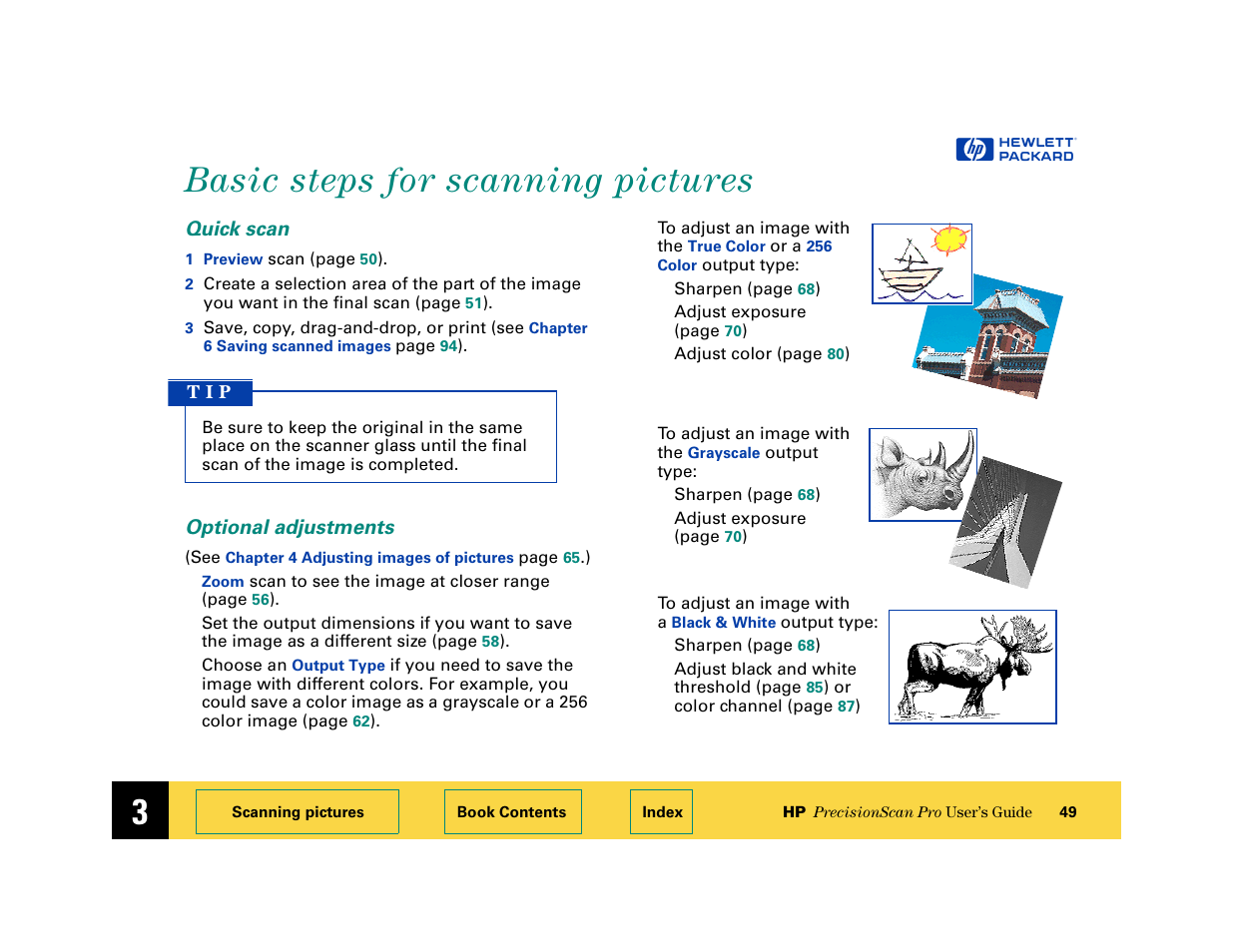 Basic steps for scanning pictures, Quick scan, Optional adjustments | Basic steps for scanning pictures 49 | HP 6200C User Manual | Page 49 / 110