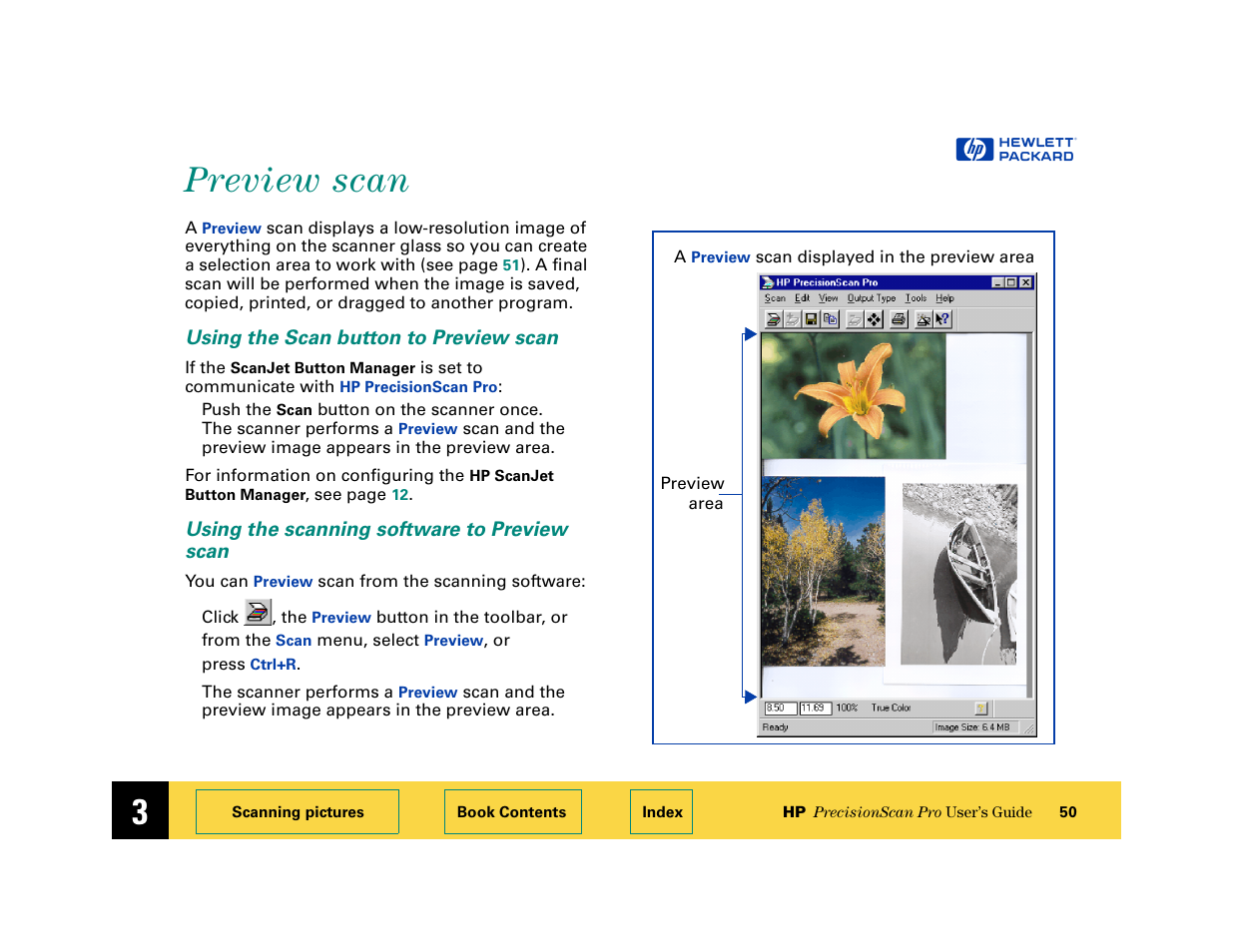 Preview scan, Using the scan button to preview scan, Using the scanning software to preview scan | Preview scan 50 | HP 6200C User Manual | Page 50 / 110