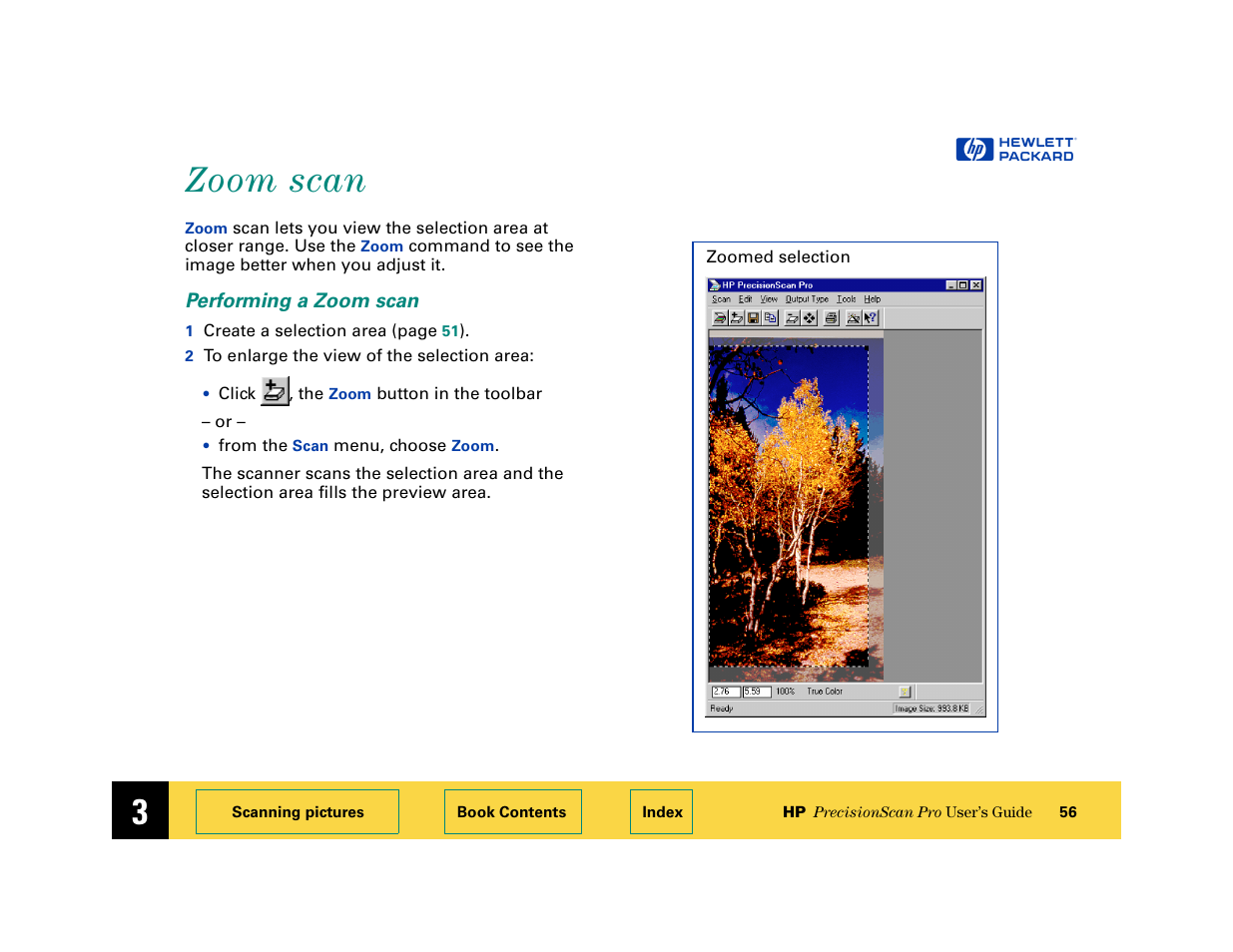 Zoom scan, Performing a zoom scan, Zoom scan 56 | HP 6200C User Manual | Page 56 / 110