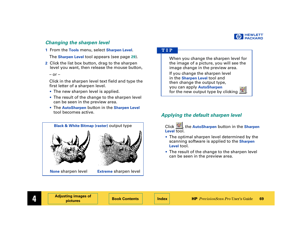 Changing the sharpen level, Applying the default sharpen level | HP 6200C User Manual | Page 69 / 110