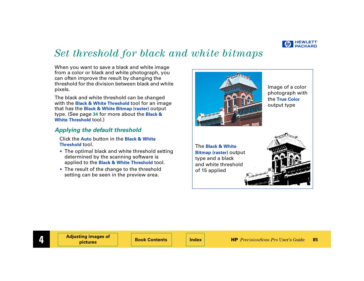 Set threshold for black and white bitmaps, Applying the default threshold, Set threshold for black and white bitmaps 85 | HP 6200C User Manual | Page 85 / 110