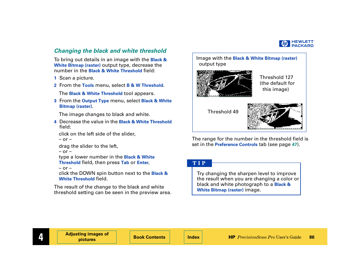 Changing the black and white threshold | HP 6200C User Manual | Page 86 / 110