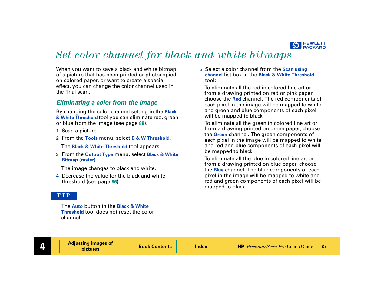 Set color channel for black and white bitmaps, Eliminating a color from the image, Set color channel for black and white | Bitmaps 87 | HP 6200C User Manual | Page 87 / 110