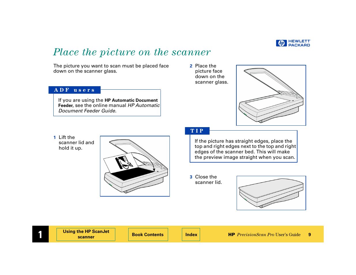 Place the picture on the scanner, Place the picture on the scanner 9 | HP 6200C User Manual | Page 9 / 110