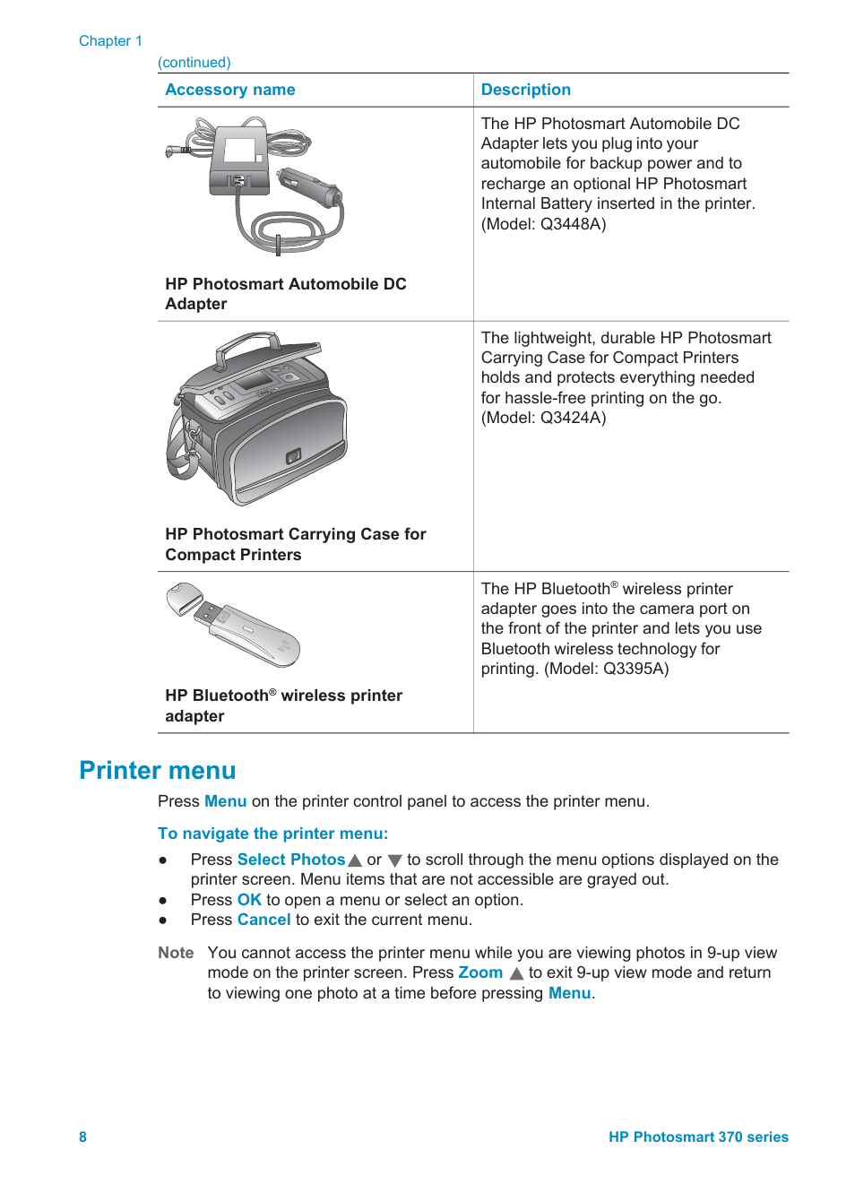 Printer menu | HP 370 Series User Manual | Page 12 / 65