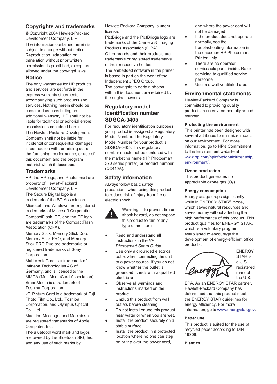 Copyrights and trademarks, Notice, Trademarks | Regulatory model identification number sdgoa-0405, Safety information, Environmental statements | HP 370 Series User Manual | Page 2 / 65