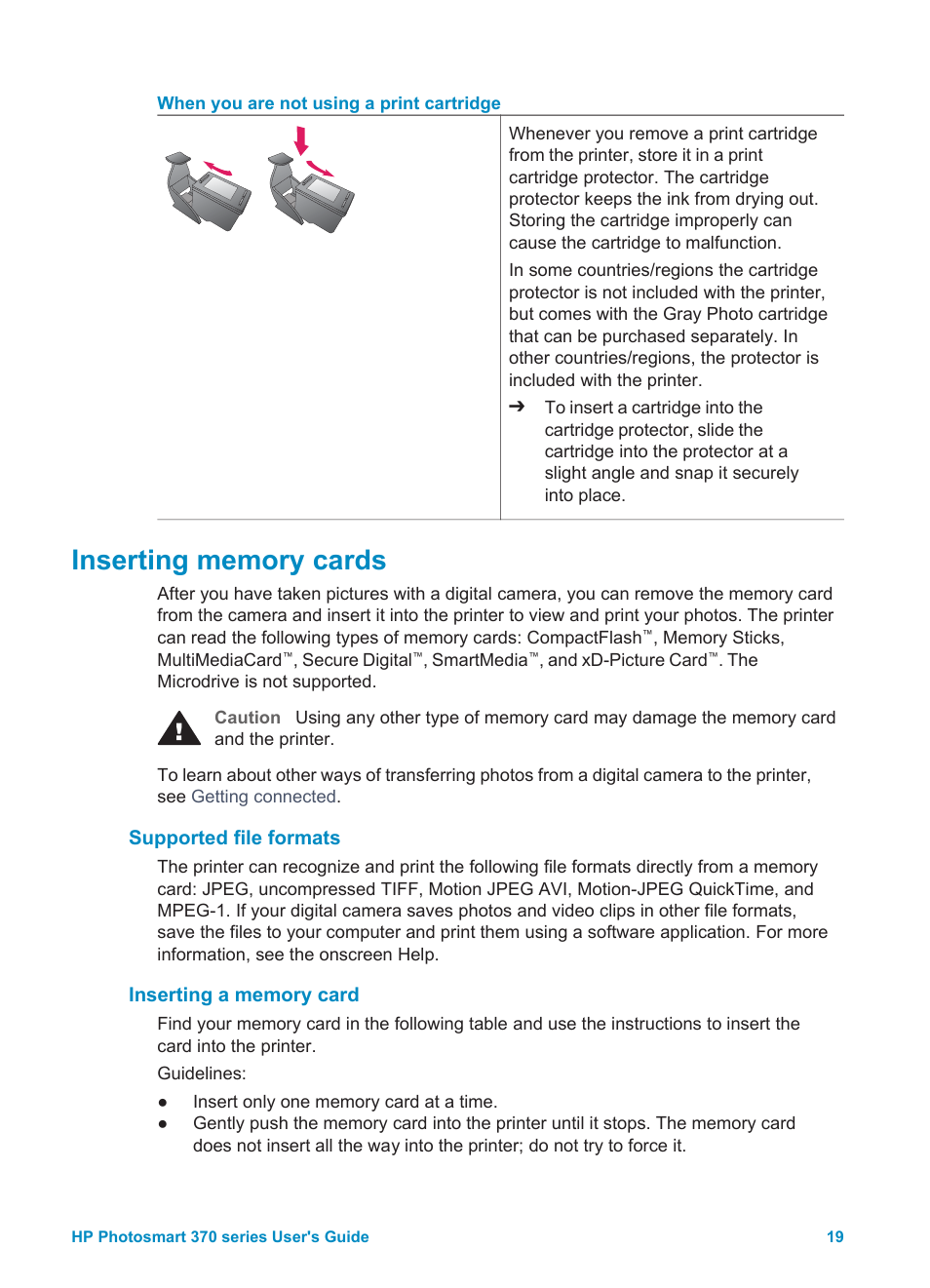 Inserting memory cards, Supported file formats, Inserting a memory card | HP 370 Series User Manual | Page 23 / 65