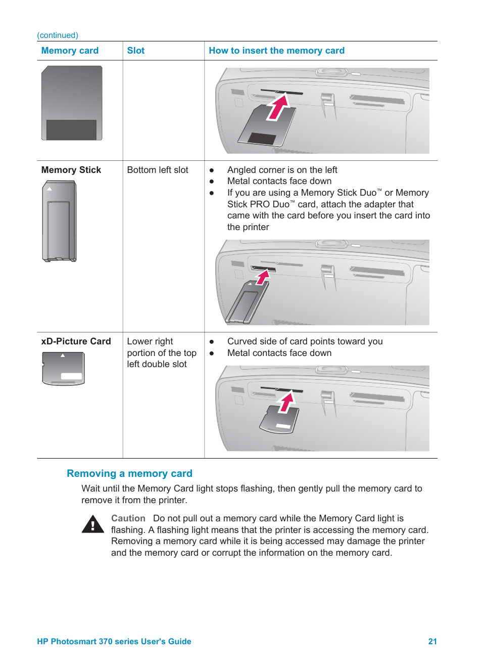 Removing a memory card | HP 370 Series User Manual | Page 25 / 65