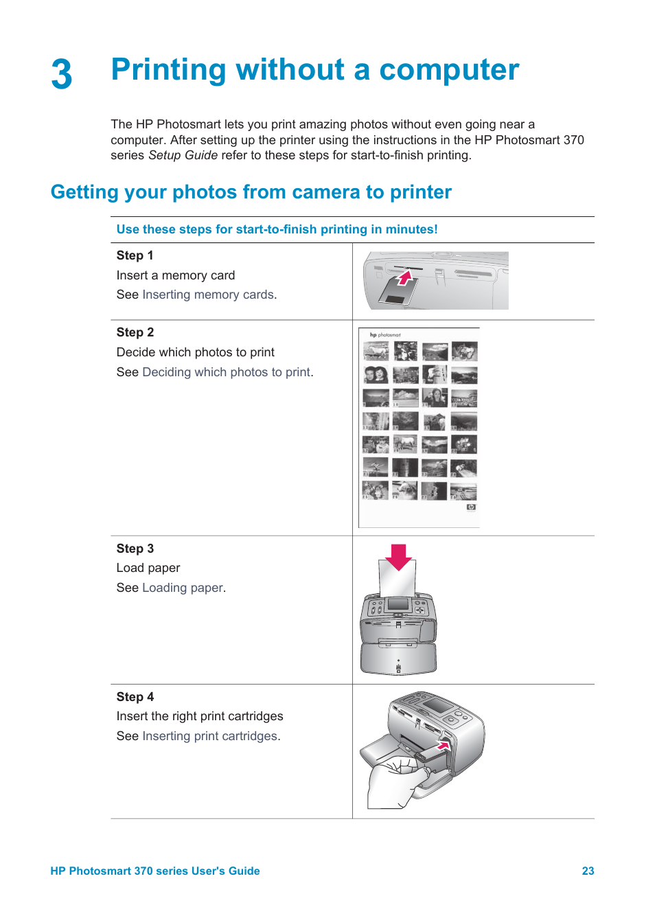 Printing without a computer, Getting your photos from camera to printer | HP 370 Series User Manual | Page 27 / 65