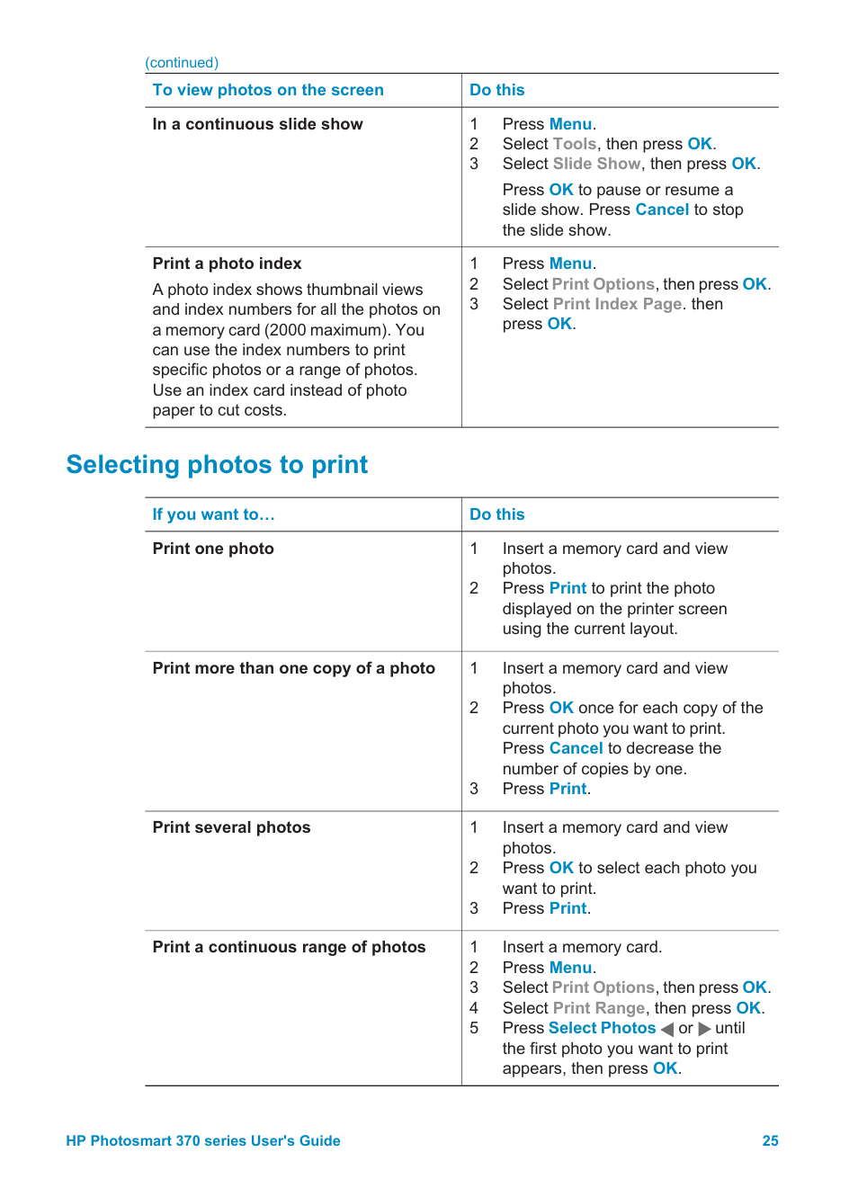 Selecting photos to print | HP 370 Series User Manual | Page 29 / 65