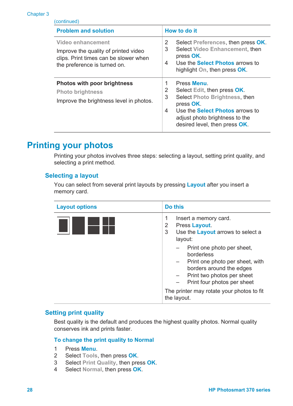 Printing your photos, Selecting a layout, Setting print quality | HP 370 Series User Manual | Page 32 / 65