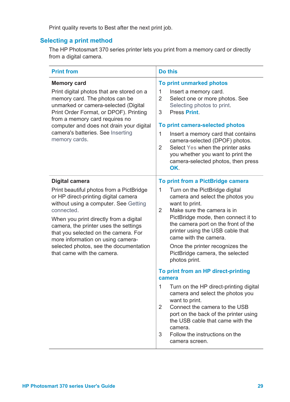 Selecting a print method | HP 370 Series User Manual | Page 33 / 65