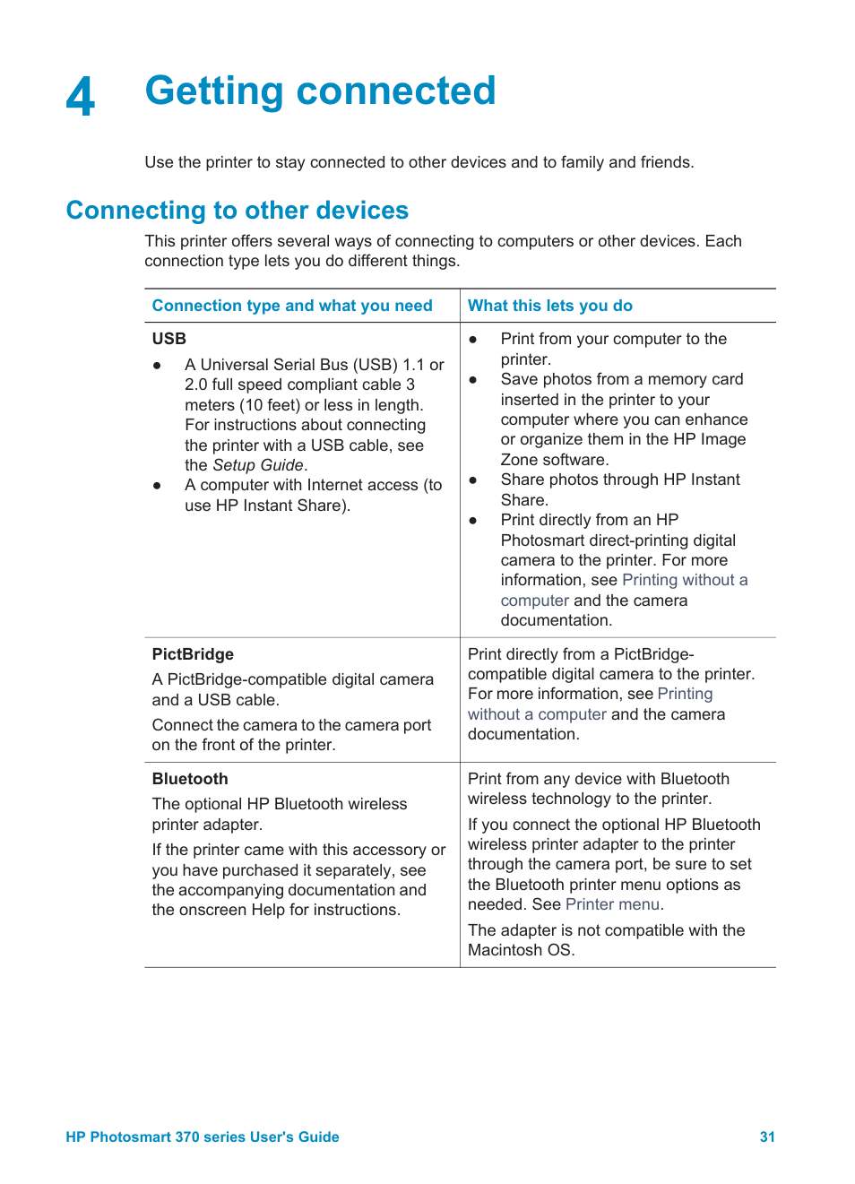 Getting connected, Connecting to other devices, Getting | Connected | HP 370 Series User Manual | Page 35 / 65