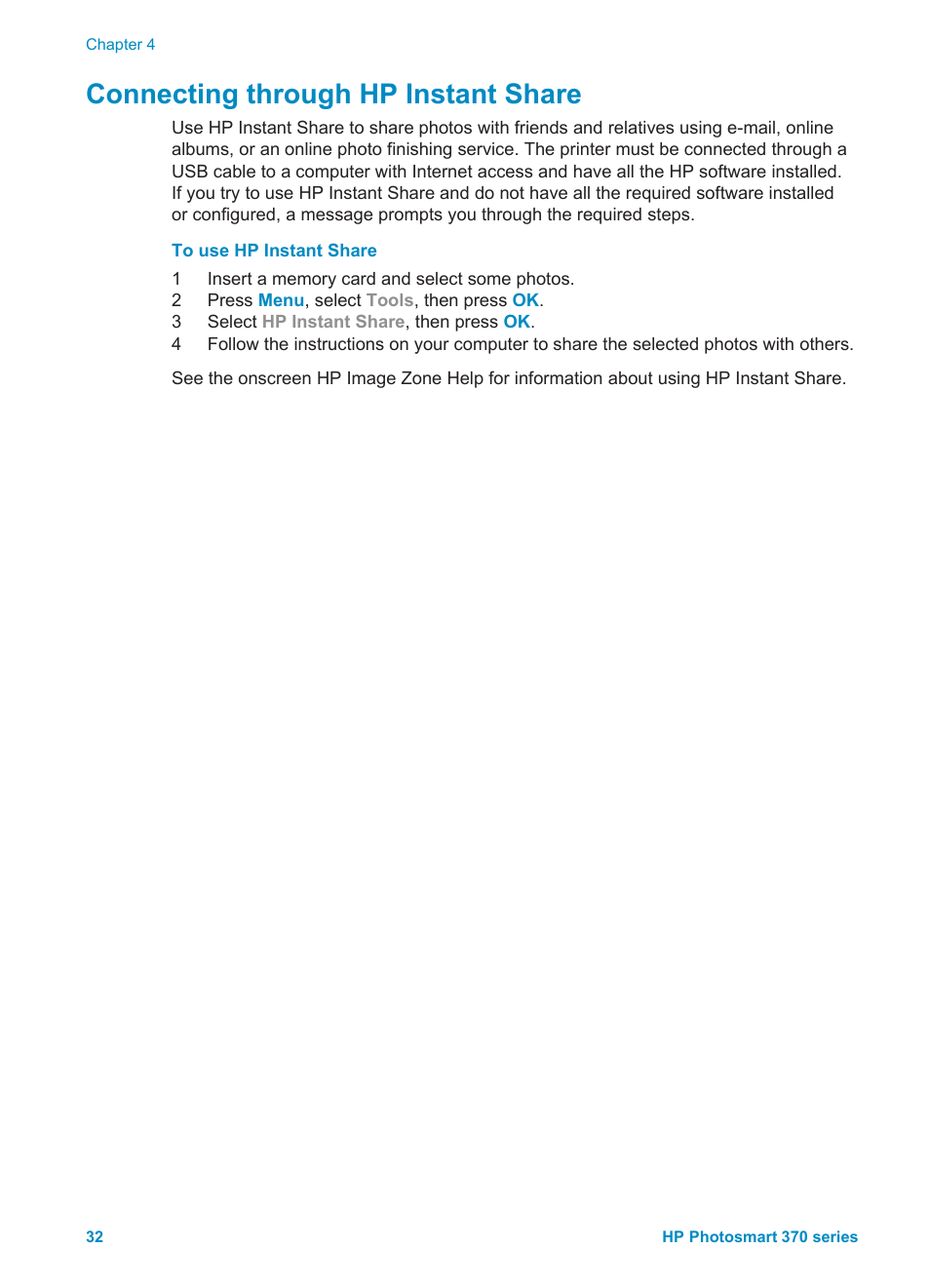 Connecting through hp instant share | HP 370 Series User Manual | Page 36 / 65