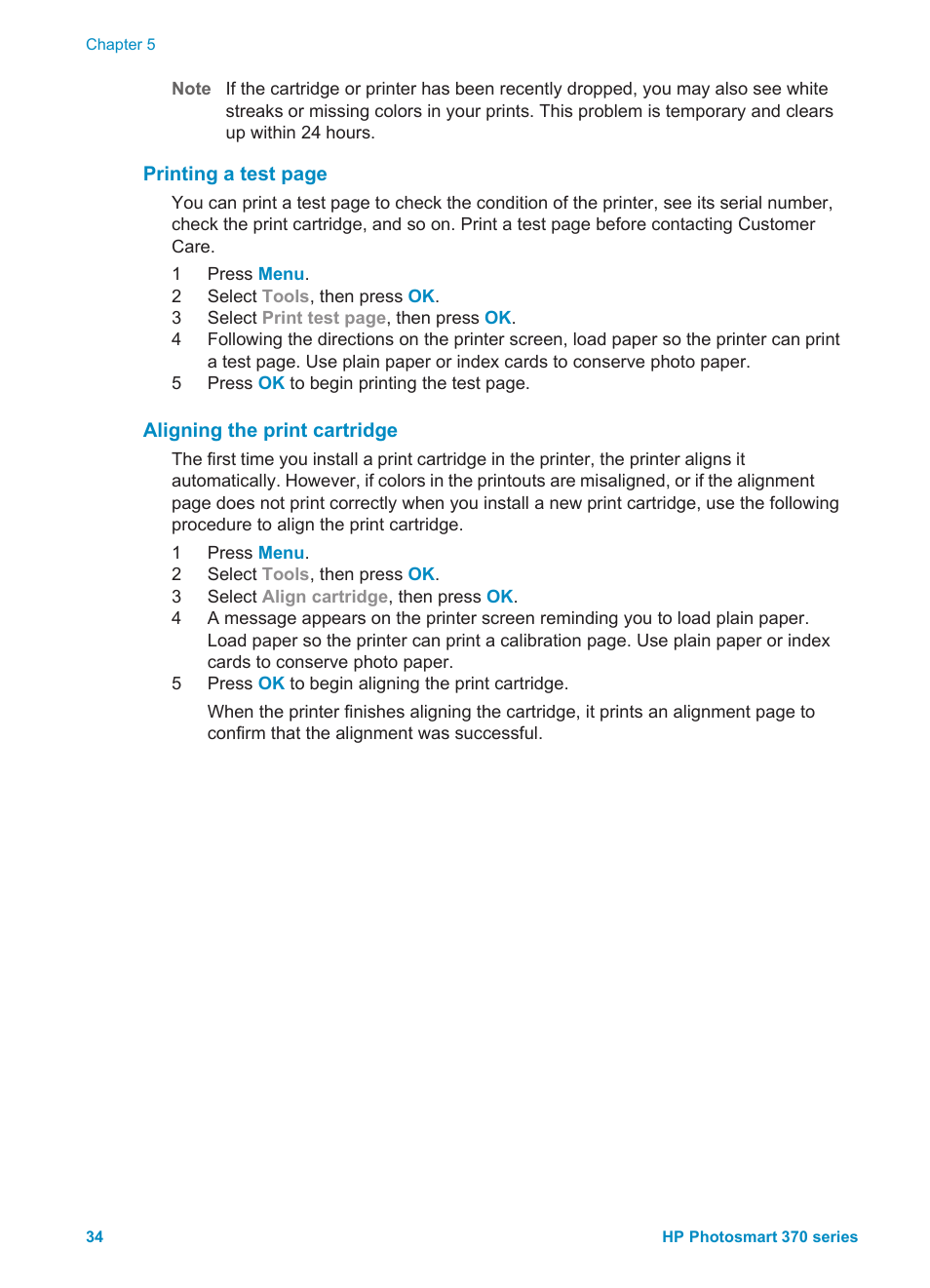 Aligning the print cartridge | HP 370 Series User Manual | Page 38 / 65