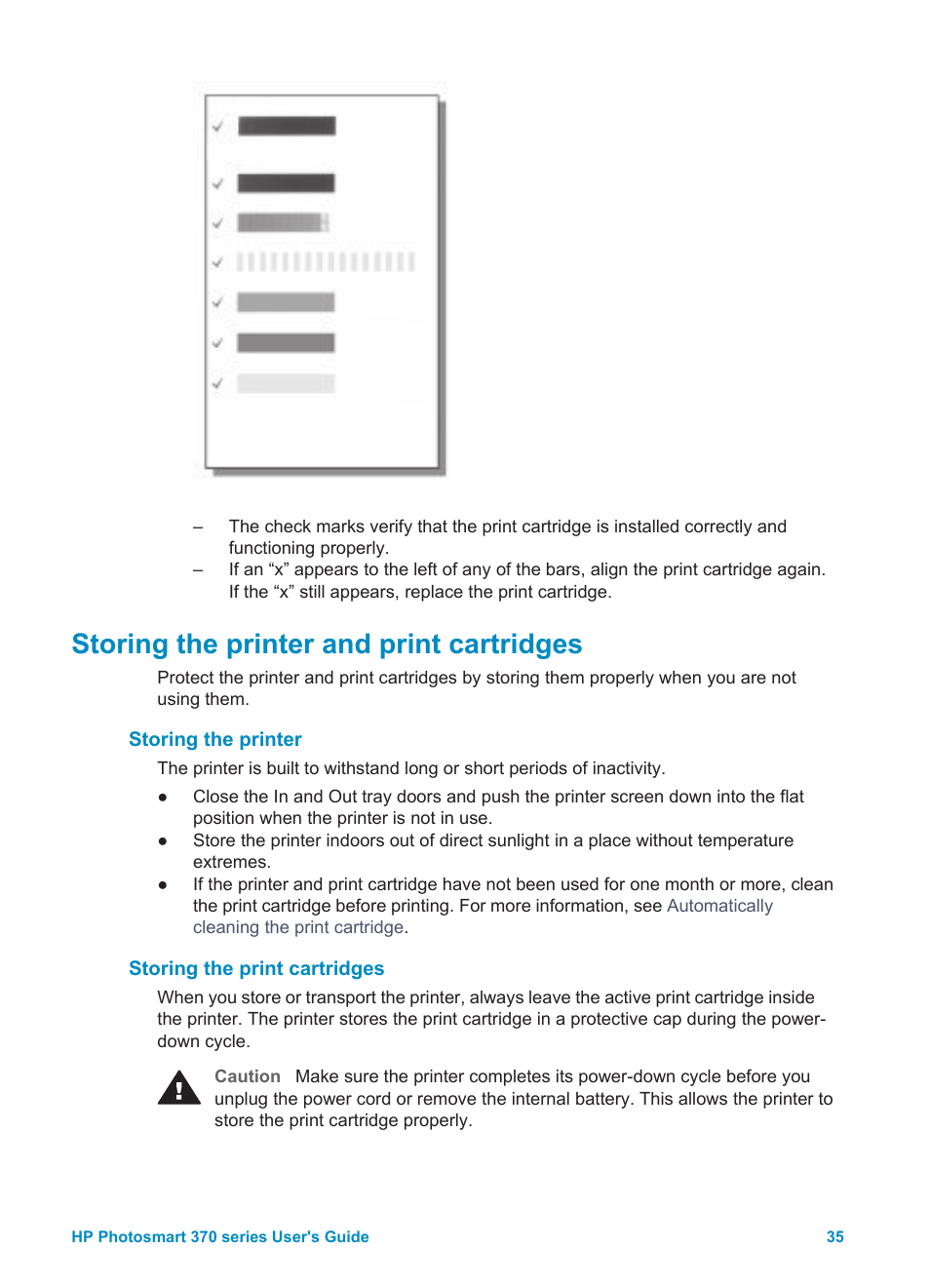 Storing the printer and print cartridges, Storing the printer, Storing the print cartridges | Storing the printer storing the print cartridges | HP 370 Series User Manual | Page 39 / 65