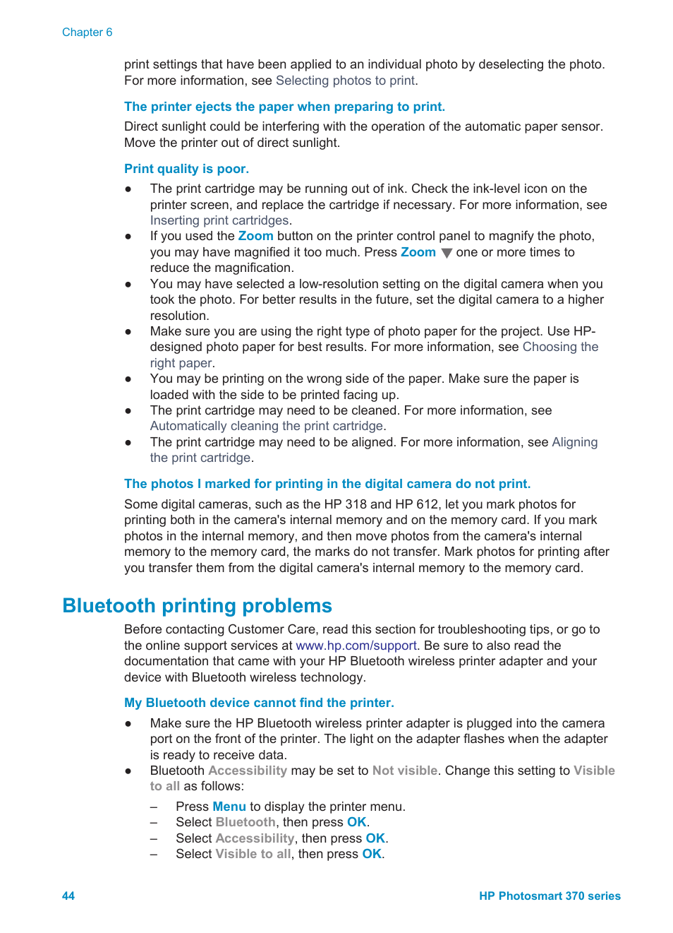 Bluetooth printing problems | HP 370 Series User Manual | Page 48 / 65