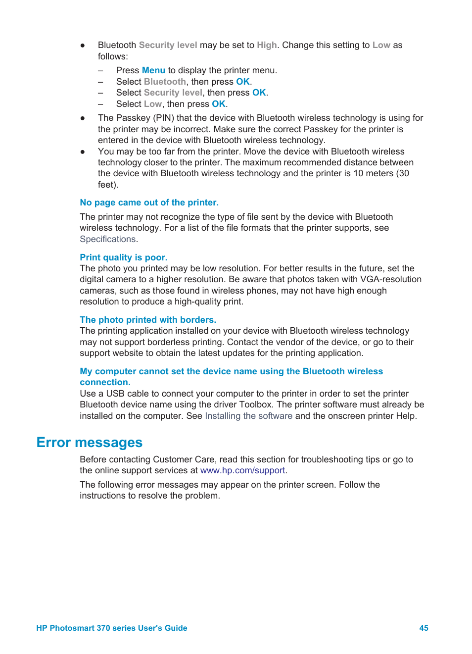 Error messages | HP 370 Series User Manual | Page 49 / 65