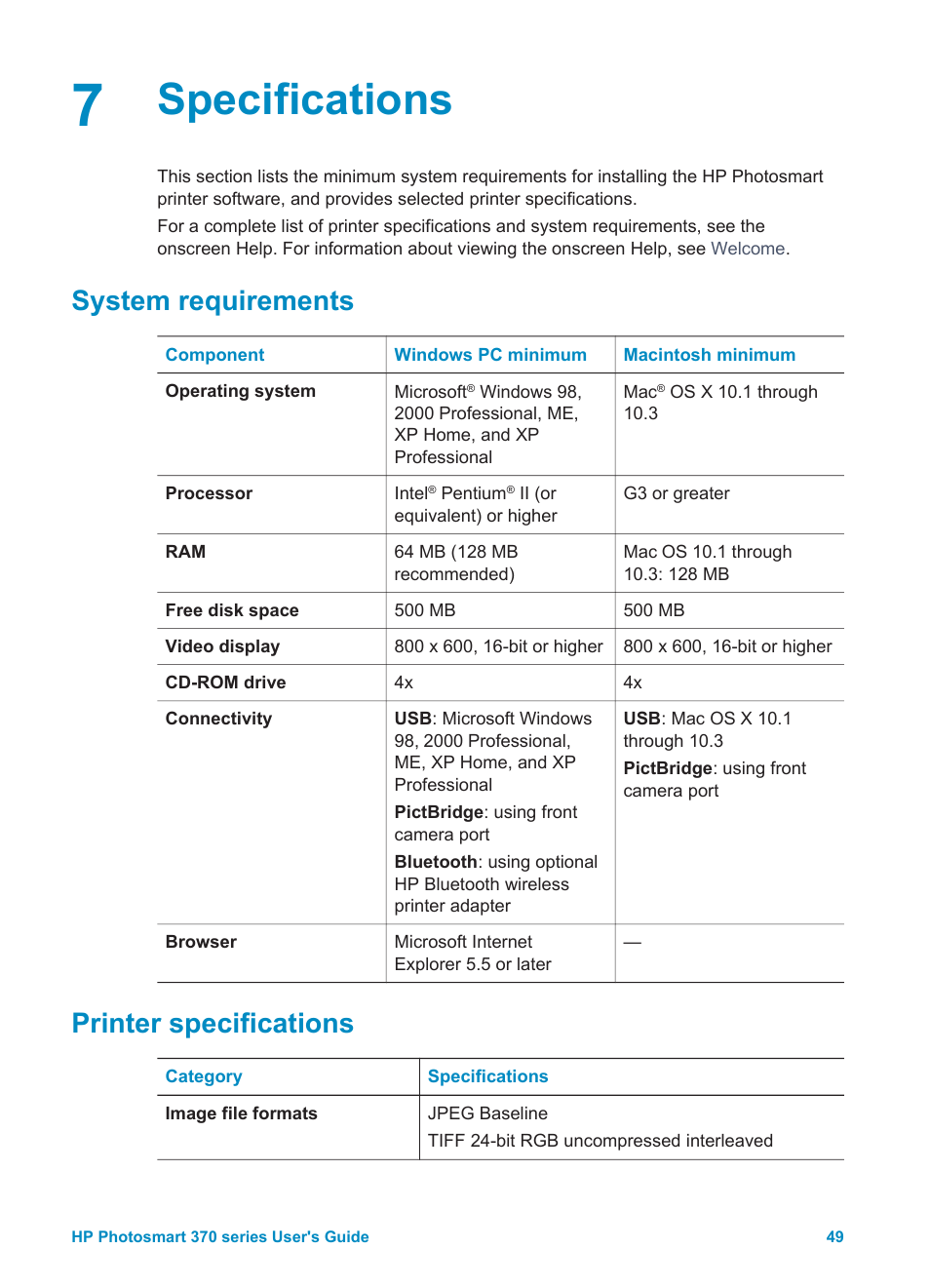 Specifications, System requirements, Printer specifications | System requirements printer specifications | HP 370 Series User Manual | Page 53 / 65