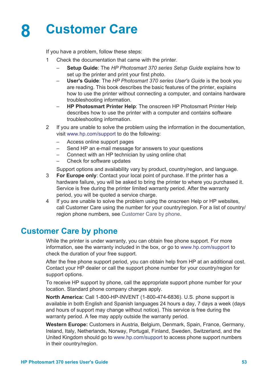Customer care, Customer care by phone, Placing a call | HP 370 Series User Manual | Page 57 / 65