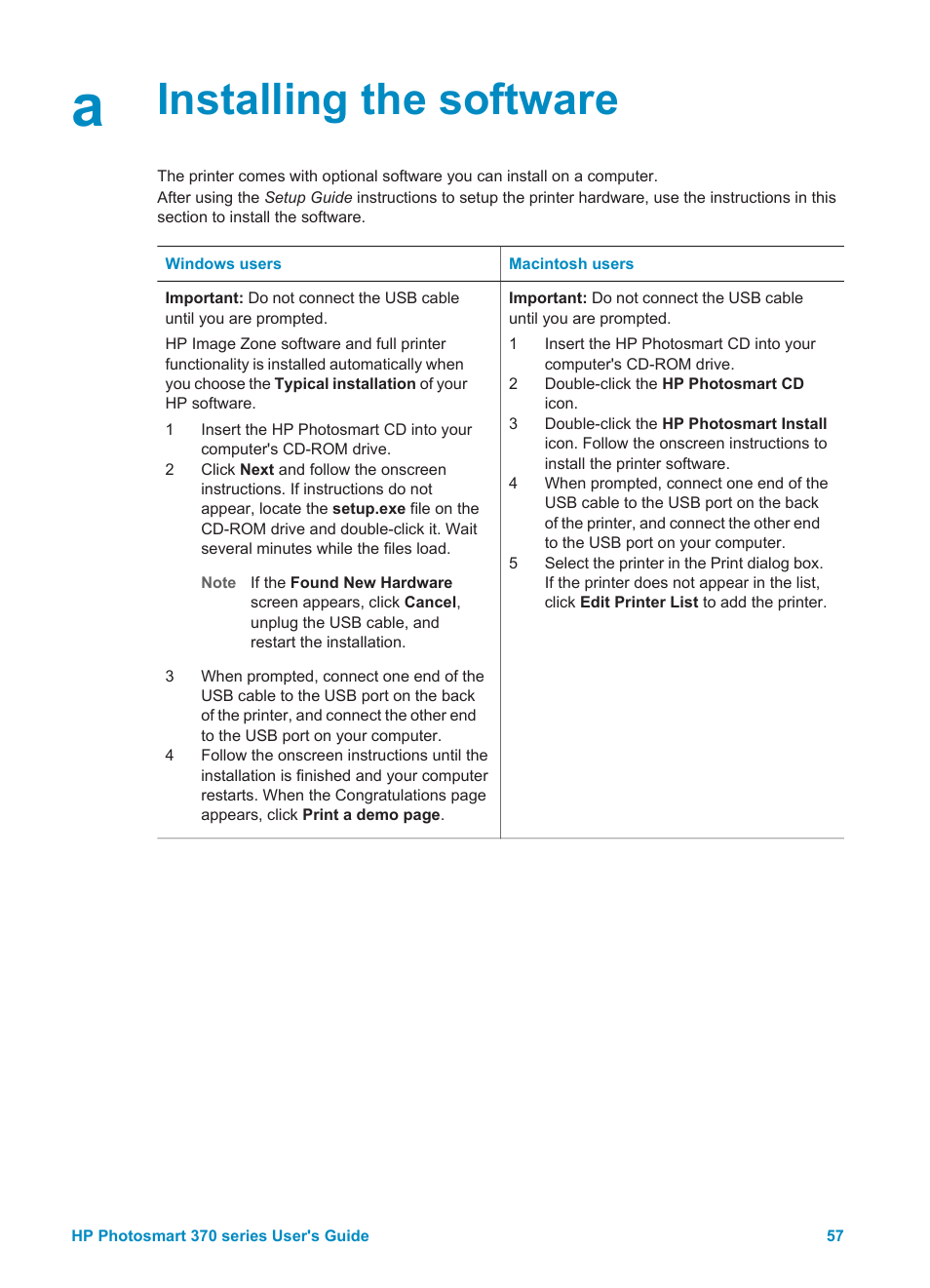 Installing the software | HP 370 Series User Manual | Page 61 / 65