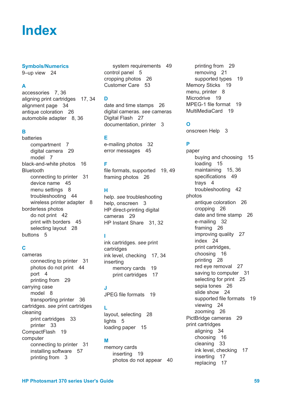 Index | HP 370 Series User Manual | Page 63 / 65